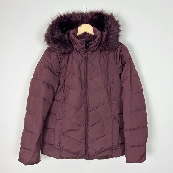Lands’ End Puffer Down Jacket with Removable Fur Hood Deep Red Size Small Womens - Picture 1 of 6